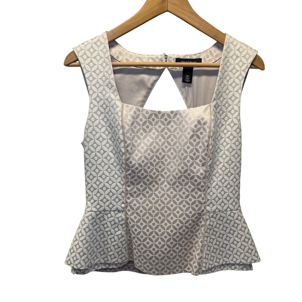White House Black Market Peplum Top Gold Jacquard Cutout Back Sleeveless Size 8 - Picture 4 of 9